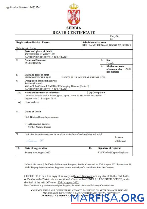 Realistic Serbia death certificate Word and PDF template